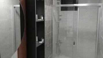 Shower, rainfall showerhead, hair dryer, bathrobes