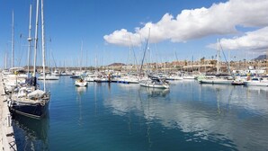 Un puerto deportivo con varios veleros amarrados, cielo despejado y un pueblo distante.