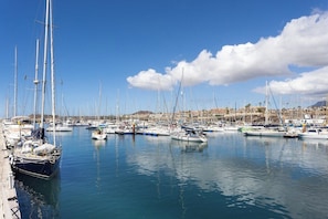 A marina with multiple sailboats docked, a clear sky, and a distant town.