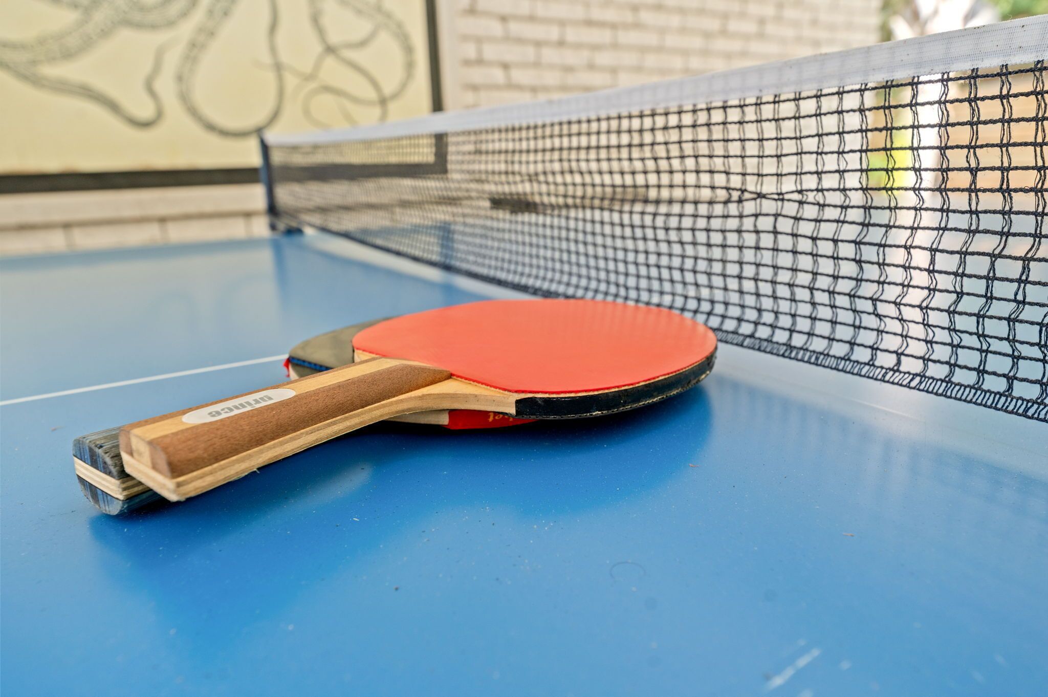 Une table de ping-pong avec un filet et une raquette.