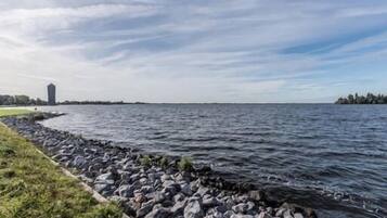 A waterfront view with a rocky shoreline, a grassy area, and a distant building.