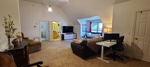 Smart TV, fireplace, DVD player, books