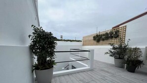 Une terrasse sur le toit, agrémentée de plantes en pot, dotée d’une rambarde en métal et offrant une vue sur le paysage urbain.