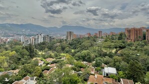 Quartiere residenziale con case, alberi e uno skyline sullo sfondo.