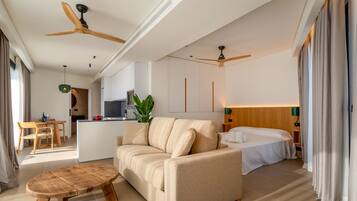 Premium bedding, down duvets, memory-foam beds, laptop workspace