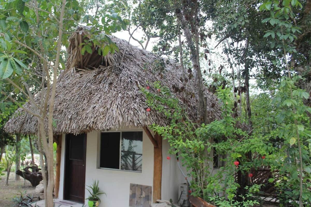 A small, thatched-roof hut with a single window and a door, surrounded by lush greenery and trees.