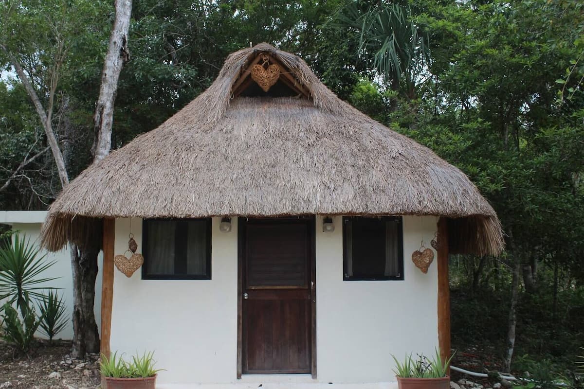 A thatched-roof hut with a wooden door and windows, surrounded by greenery.