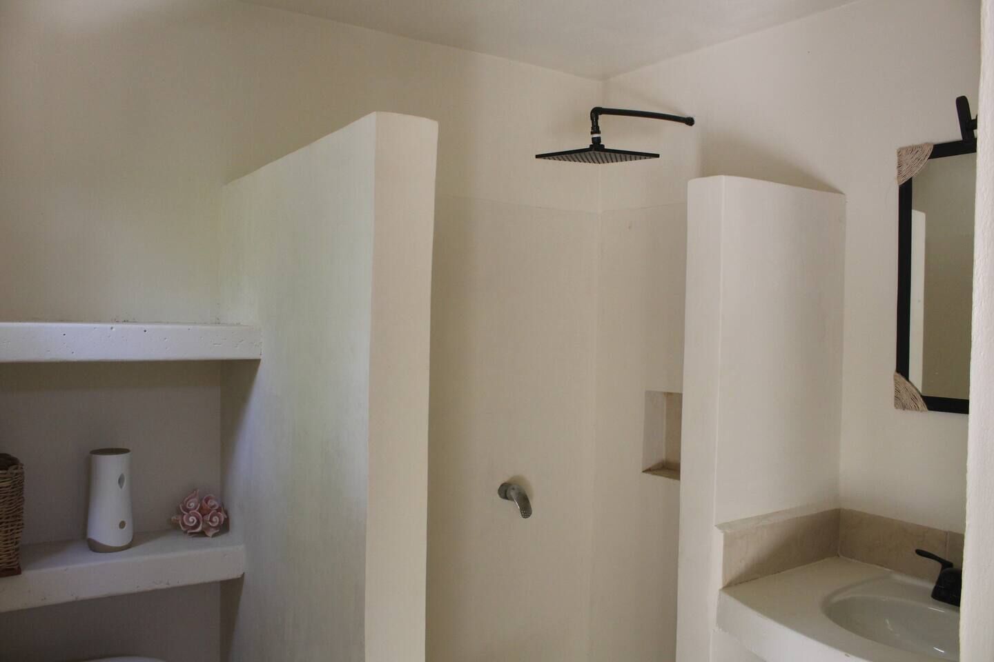 Une salle de bain avec une douche, un lavabo et un miroir.