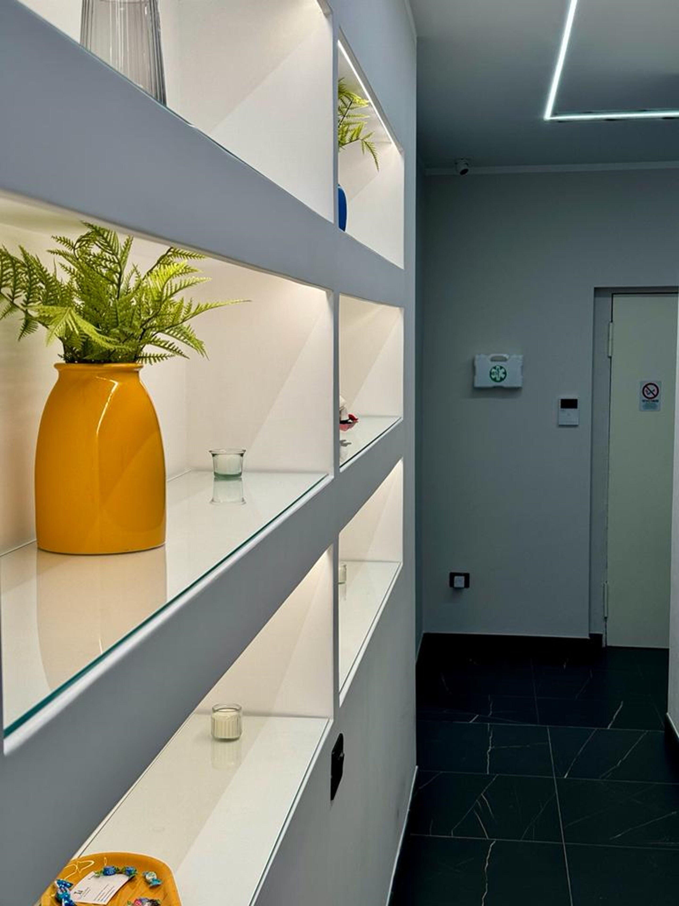 Ein moderner Flur mit Glastregalen, einem Blumentopf und einer Tür mit Rauchverbot-Hinweis.
