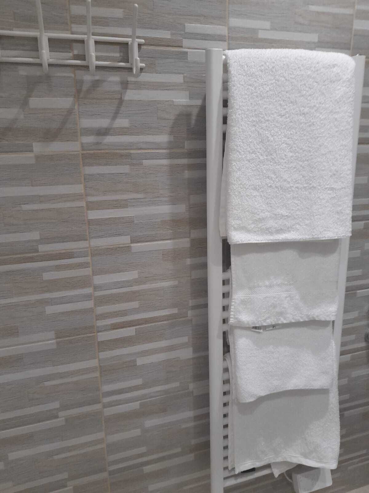 A bathroom with a towel rack holding two white towels.