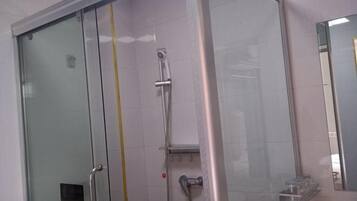 Ducha envuelta en vidrio con cabezal de ducha manual, puerta de cristal con manija y espejo en la pared contigua.