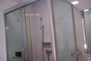 Une douche fermée par des parois en verre, dotée d’un pommeau de douche à main, d’une porte en verre avec une poignée et d’un miroir sur le mur adjacent.