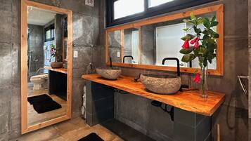 Honeymoon Cabin | Bathroom | Separate tub and shower, hair dryer, towels, soap