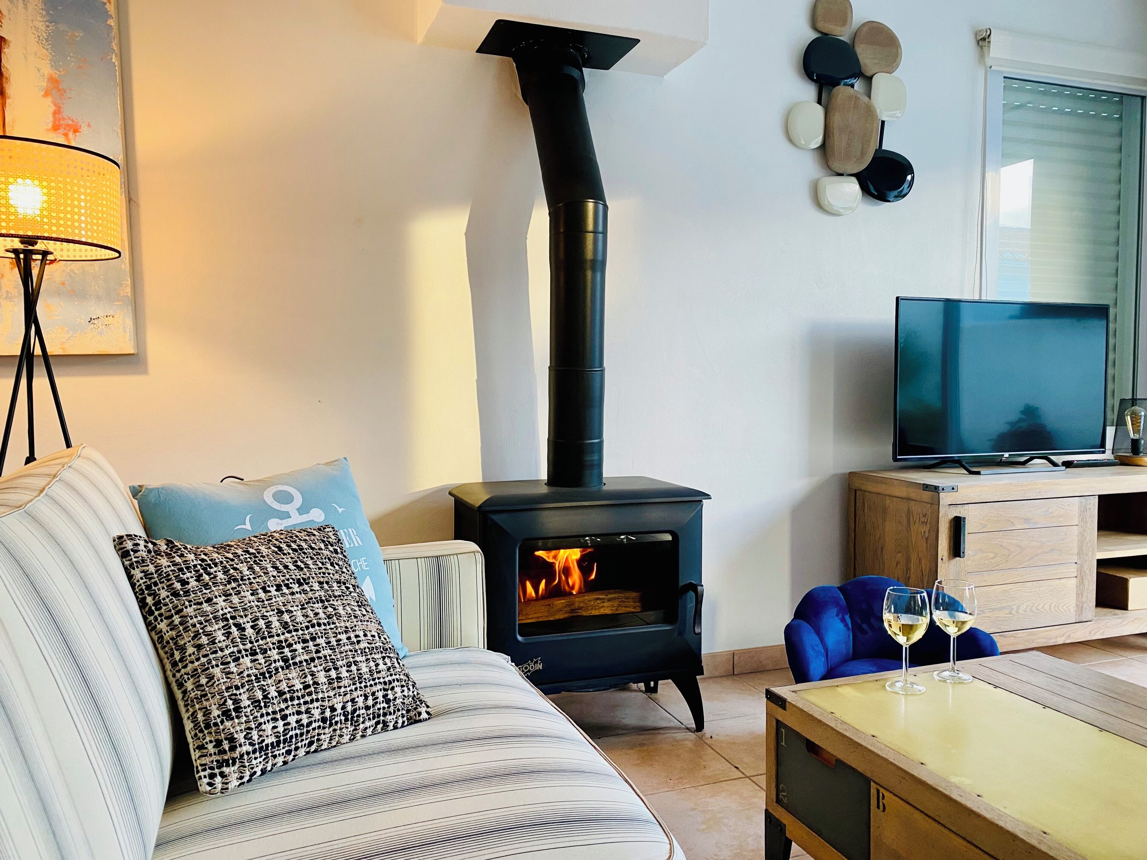 TV, fireplace, table football