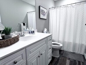 Hair dryer, towels, soap, toilet paper