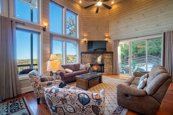 Smart TV, fireplace, DVD player, books