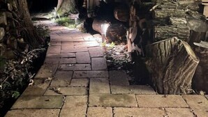 A stone pathway leading to a house with a wooden deck and a staircase. - The Fox Den (Ames)