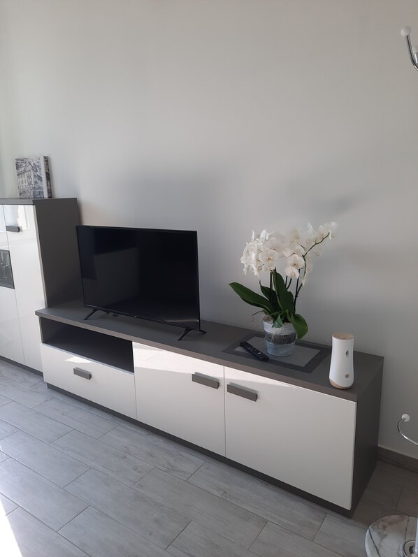 A modern living room with a flat-screen TV on a white cabinet, a vase with white flowers, and a remote control on a placemat.