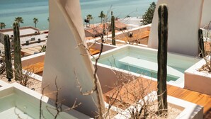 Área da piscina com vista para o oceano, cercada por cactos e plantas típicas do deserto.