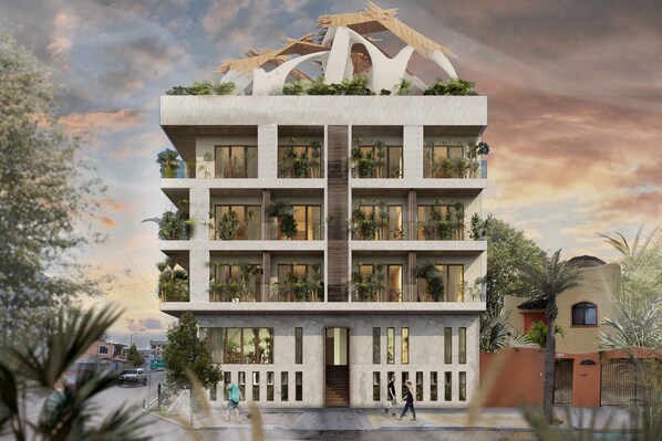 Experience the unique rooftop garden and panoramic views from the large windows and multiple balconies.