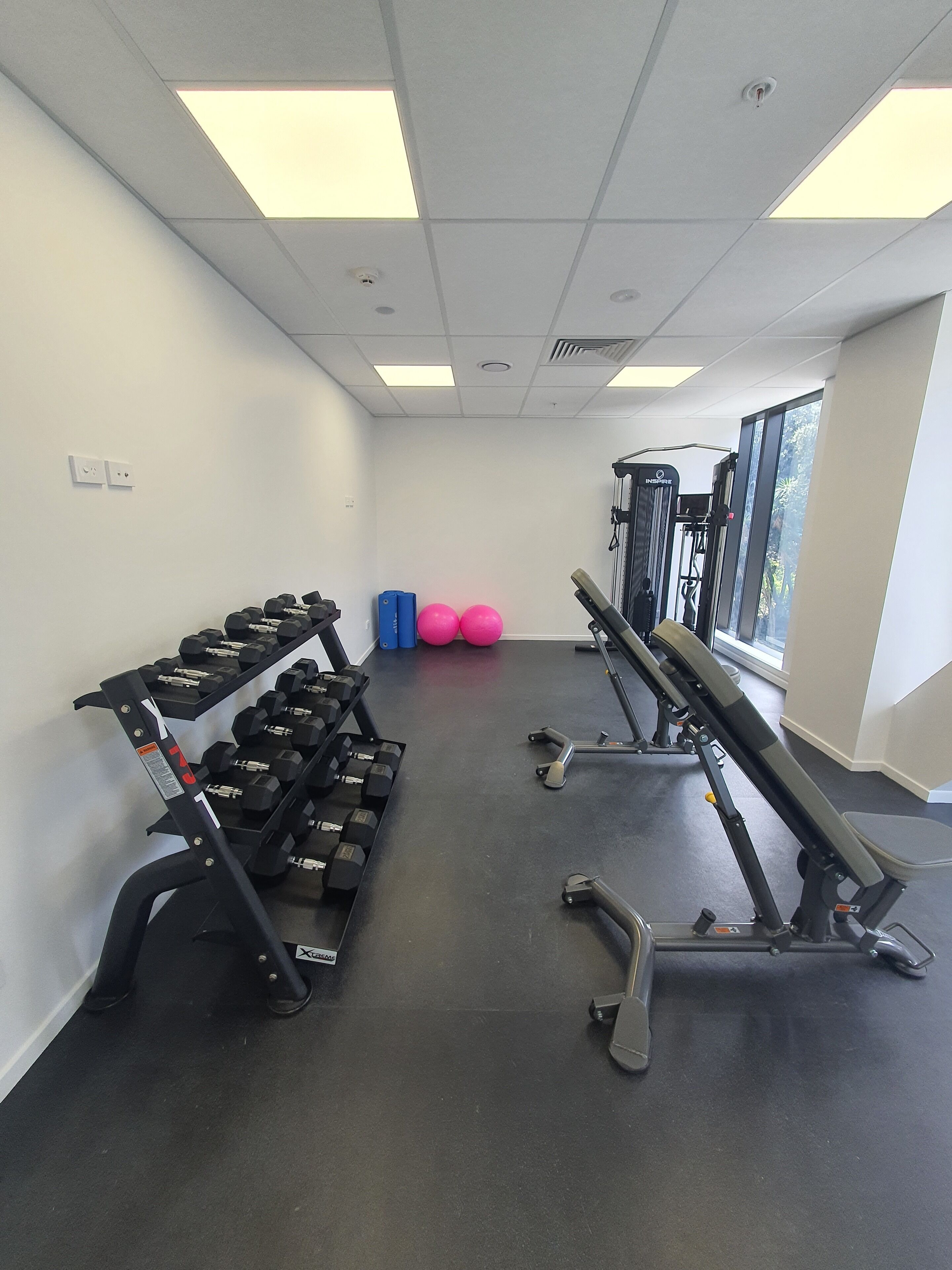 A gym with exercise equipment, dumbbells, and pink exercise balls.
