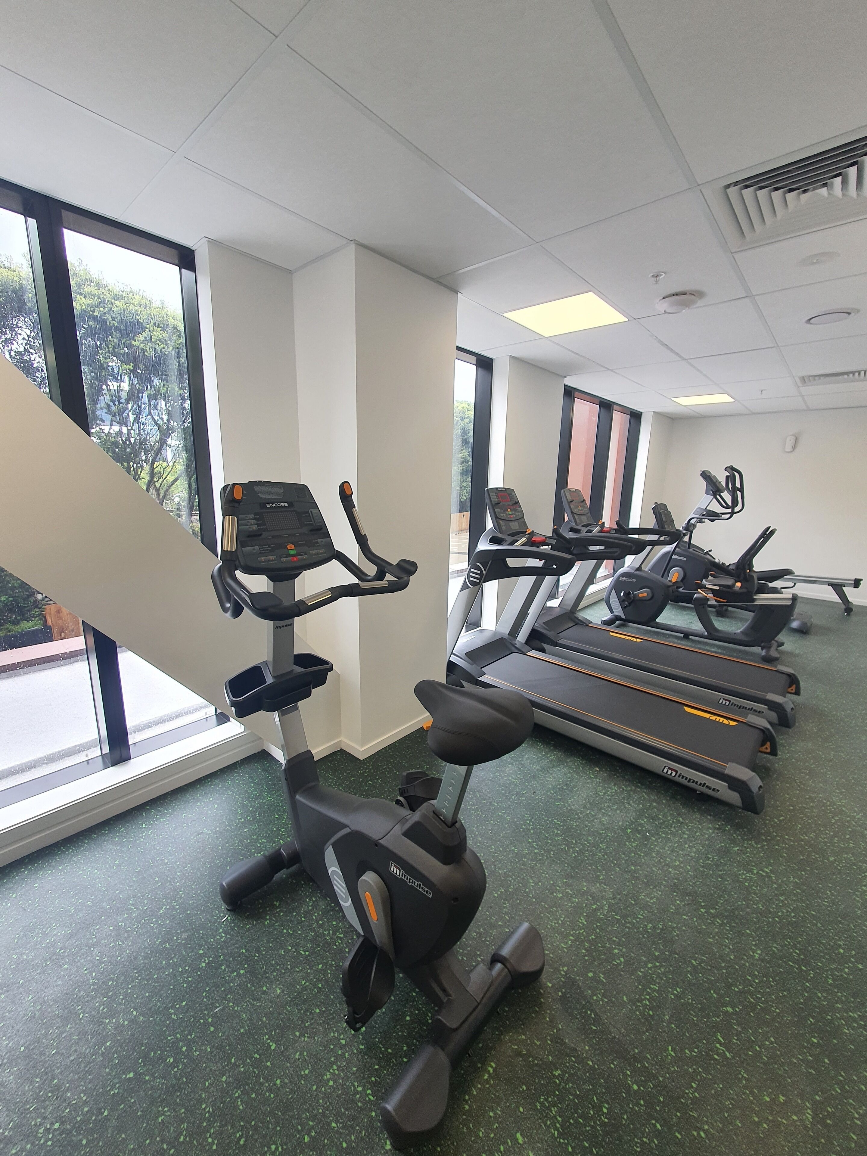 A gym with stationary bikes and treadmills, large windows, and a green speckled floor.