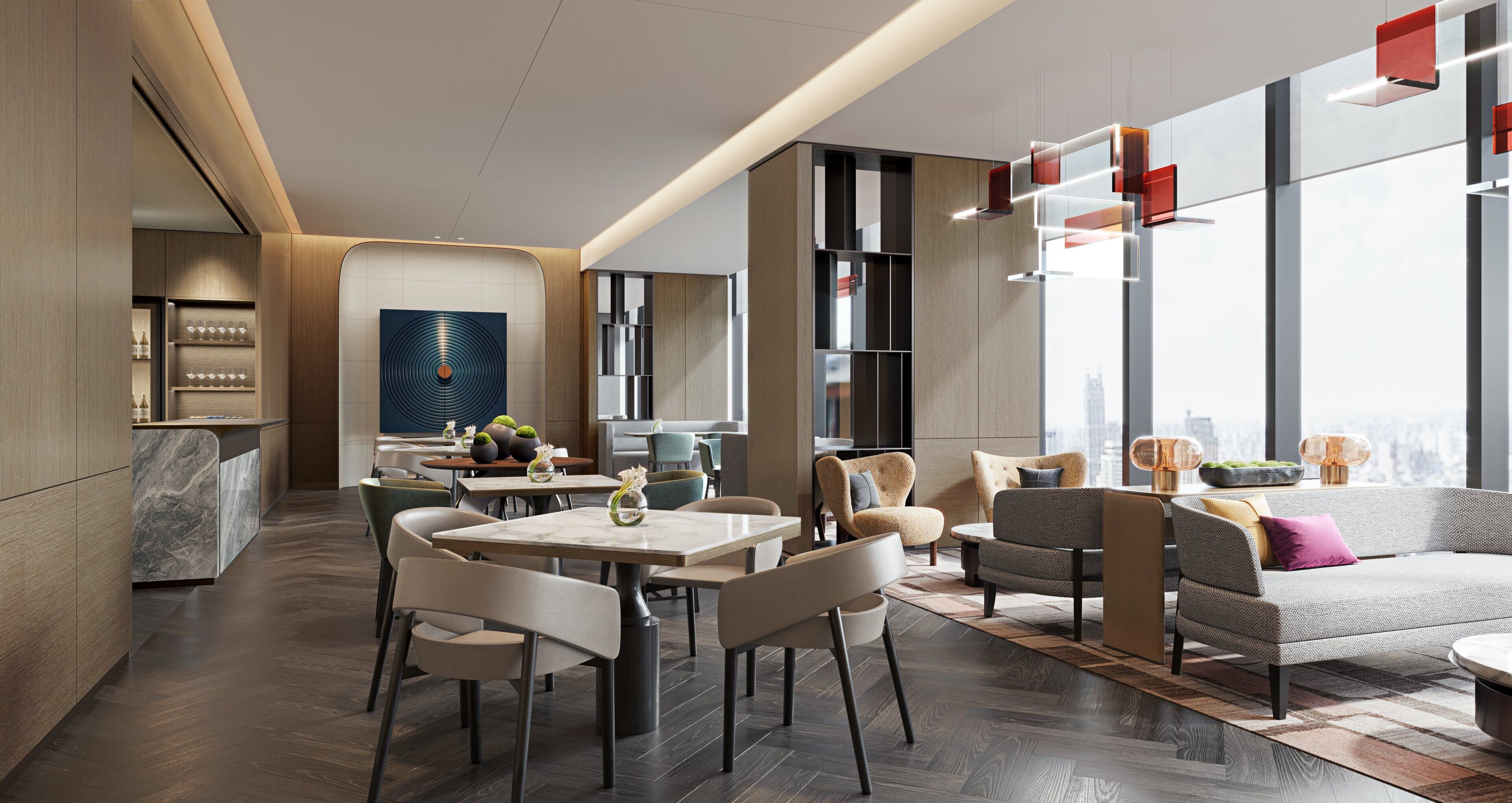 Un moderno hall de hotel con zona de estar, mostrador de recepción y ventanas amplias con vista a la ciudad.