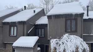 Una casa de dos pisos con tejado nevado y fachada.