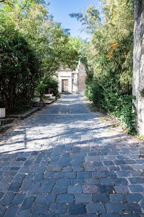 A paved pathway leading to a building with a door, surrounded by greenery. - Le Goélette - Superb cosy apartment (Lyon)
