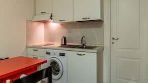 Una cucina compatta con lavatrice, lavandino e bollitore.