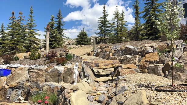 Un paysage rocheux parsemé de gros blocs de pierre, une statue blanche et des arbres à feuilles persistantes.