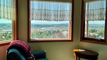 Una habitación con vista a un paisaje urbano a través de una ventana con cortinas de encaje.
