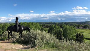 Une statue représentant une personne à cheval, placée dans un cadre naturel et offrant une vue sur une ville au loin.
