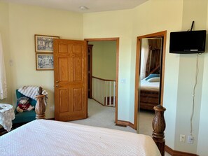 A bedroom with a bed, a wooden door, a mirror, a television, and a staircase. - Rocky Mountain View B&B (Cochrane)