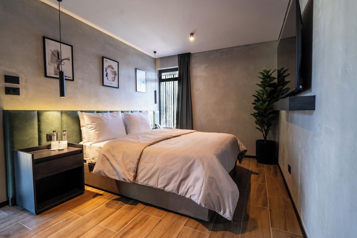 A modern bedroom with a bed, bedside table, wall-mounted TV, and a potted plant.