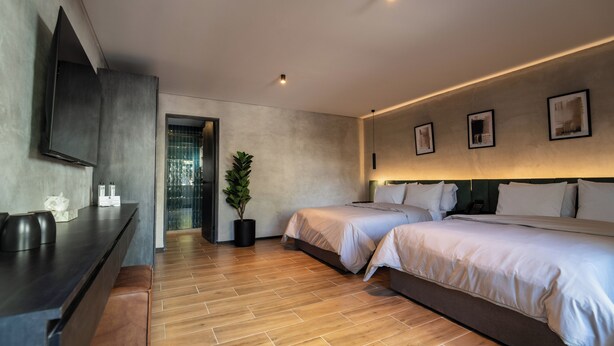 A modern hotel room with a wooden floor, two beds, a flat-screen TV, a potted plant, and framed pictures on the wall. - Hotel Alcalá Expo (Guadalajara)