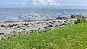 A coastal beach with a grassy foreground and a rocky shoreline. - Charming Newly-Renovated Waterfront Cottage in Lubec (Lubec)