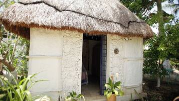 A small, single-story building with a thatched roof, a visible door, and a small garden area with potted plants.