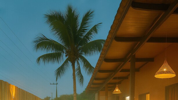 A pool with a palm tree, a hammock, and a table with chairs. - Lalabella Praia Grande (Ubatuba)