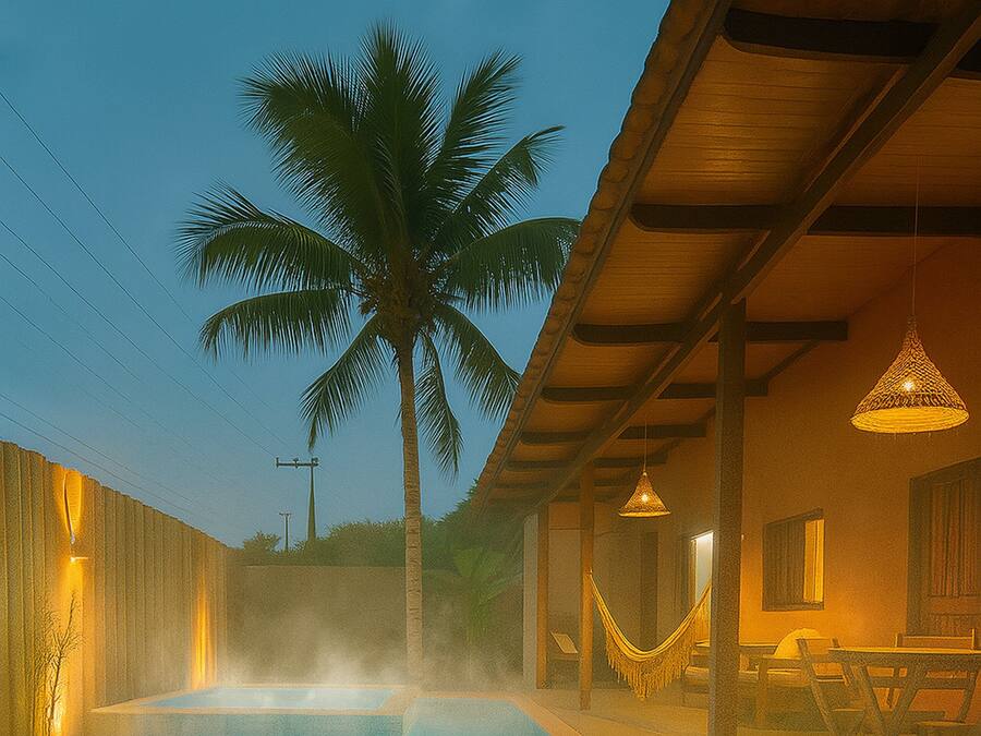 Una piscina con una palmera, una hamaca y una mesa con sillas.