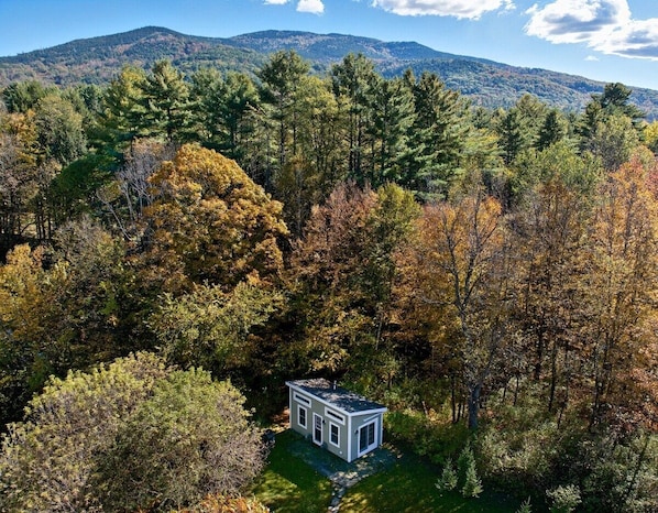 A small, white cabin surrounded by dense forest with a mountain in the background. - Mountain-side modern tiny cabin with fire pit (West Windsor)
