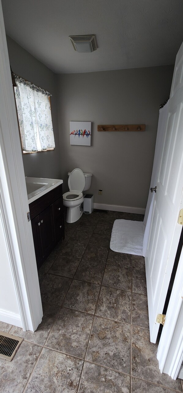 Une salle de bain comprenant des toilettes, un lavabo et un espace douche.