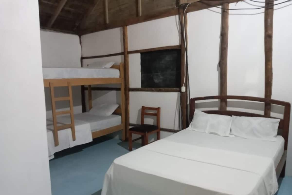 A dormitory room with bunk beds, a desk, and a chair.