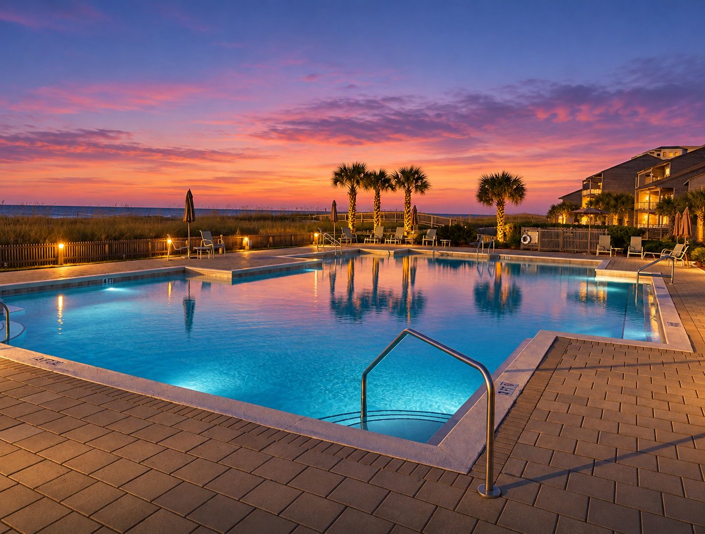 Une piscine entourée de palmiers, avec des chaises longues et des parasols, offrant une vue sur la plage au coucher du soleil.