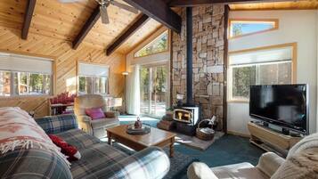 Smart TV, fireplace, DVD player, books