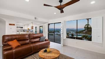 Smart TV, fireplace, books, computer monitors