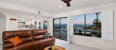 Smart TV, fireplace, books, computer monitors