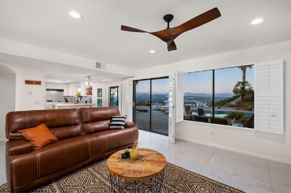 Smart TV, fireplace, books, computer monitors