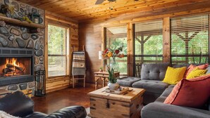 Living area - Modern Hochatown Cabin: 2 King Suites w/ Private Baths, Hot Tub & Arcade (Broken Bow)
