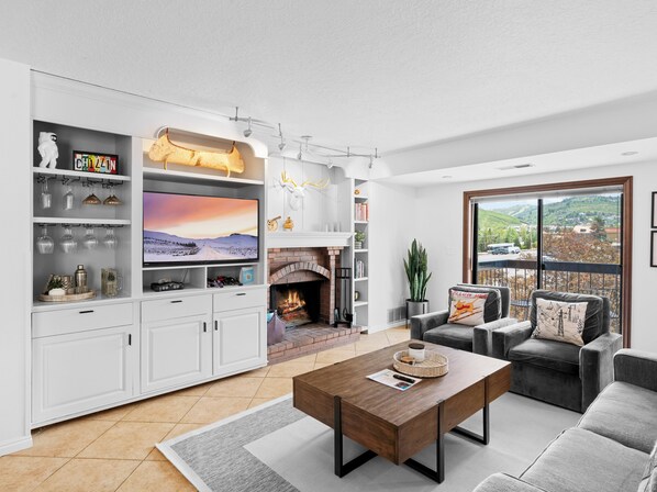 Smart TV, fireplace, video games, DVD player